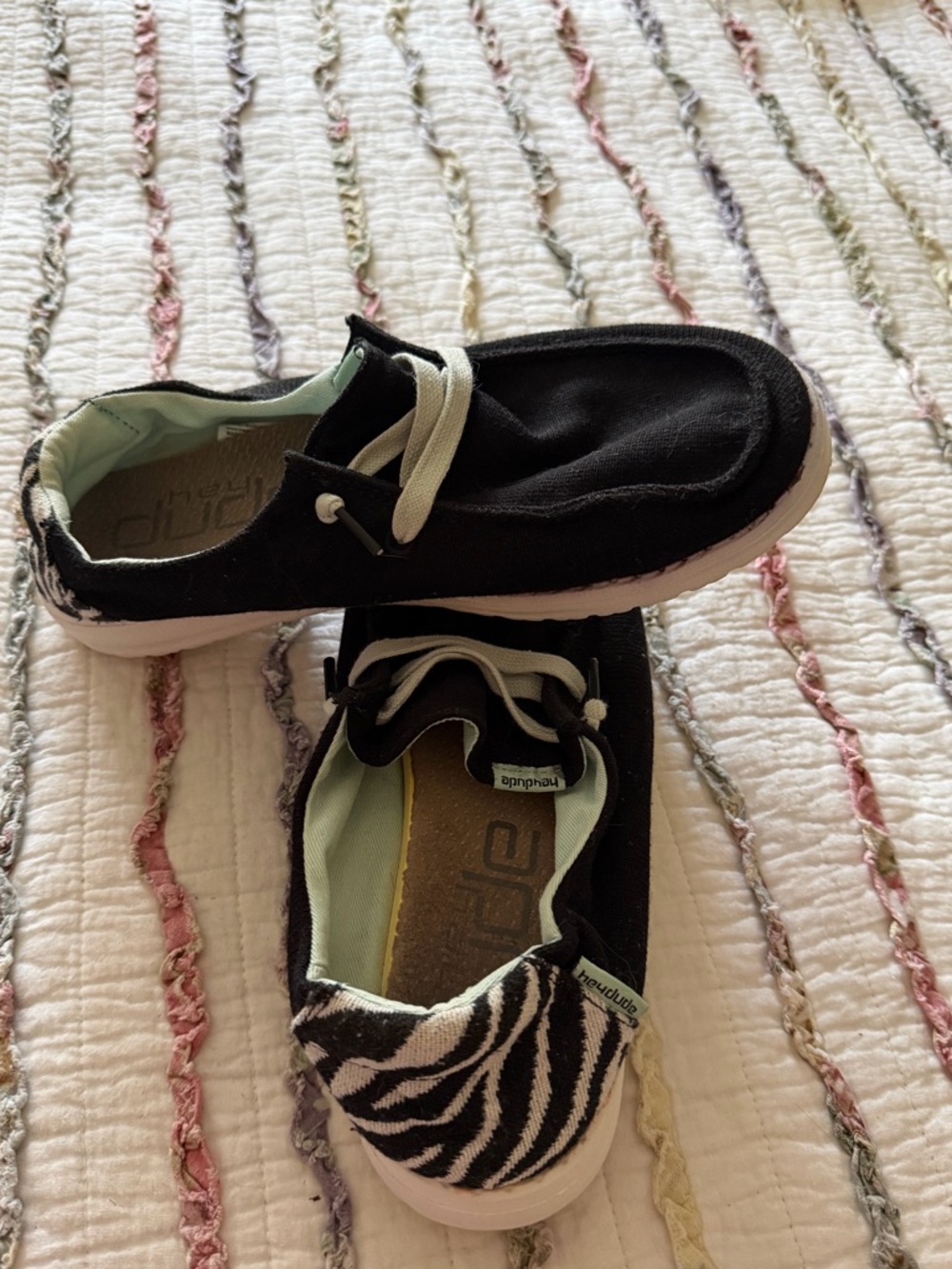 Womens hey dude Wendy Black Canvas Slip-On Sneakers with Zebra Heel Accent